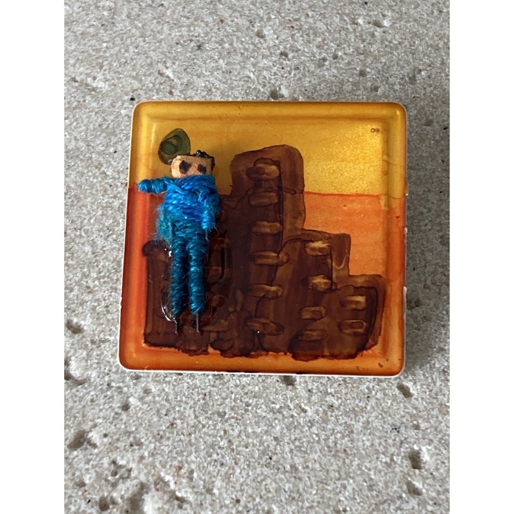Artisan Fused‎ Glass Brooch Pin Orange Blue Fiber Abstract Cityscape Handmade